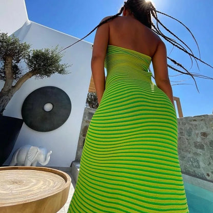 Cralom Knitted Striped Strapless Long Dress - Slim Fit, Hip Hugging Cotton Wool Woven