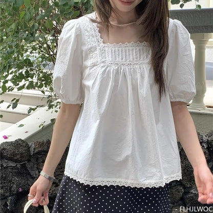 Cralom Japanese Style Square Neck Lace Blouse White Tops Women Summer