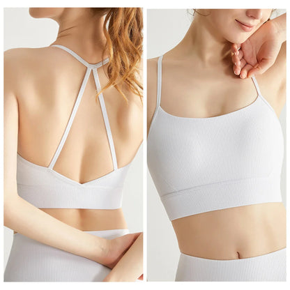 Cralom Ribbed Yoga Bra with Built-in Pads and Thin Straps for Gym and Running