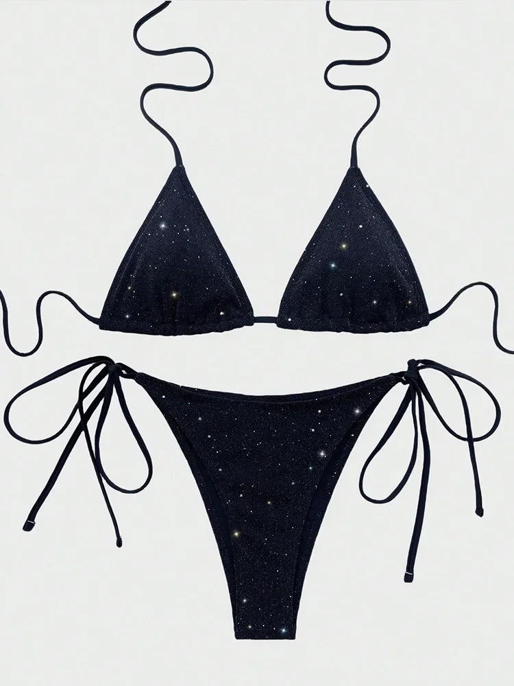 Cralom Lace-Up Sequins Bikini Set High Waist Beach Swimsuit