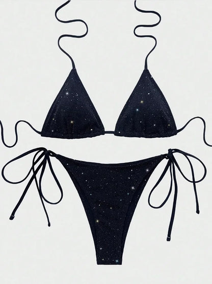 Cralom Lace-Up Sequins Bikini Set High Waist Beach Swimsuit
