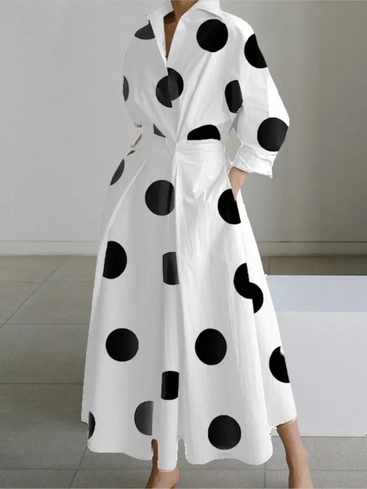 Cralom White Dot Print Maxi Dress - Elegant V Neck Autumn Long Sleeve Party Robe