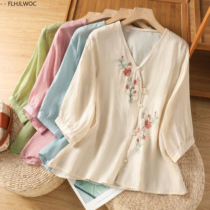 Cralom Floral Print Cotton Linen Blouse.Country Style Rustic Top for Mori Girls