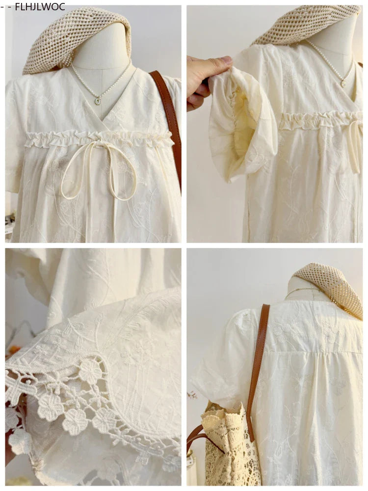 Cralom Cute Bow Tie Lace Blouse Japanese Style Summer Top