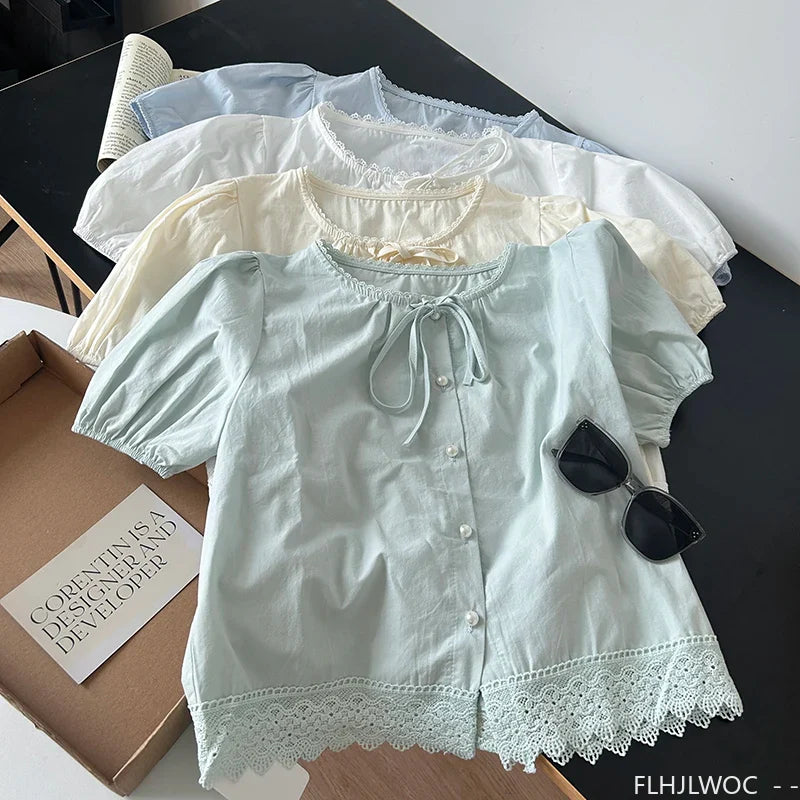Cralom Lace Peplum Top - Short Sleeve Ruffles Hollow Out White Shirt