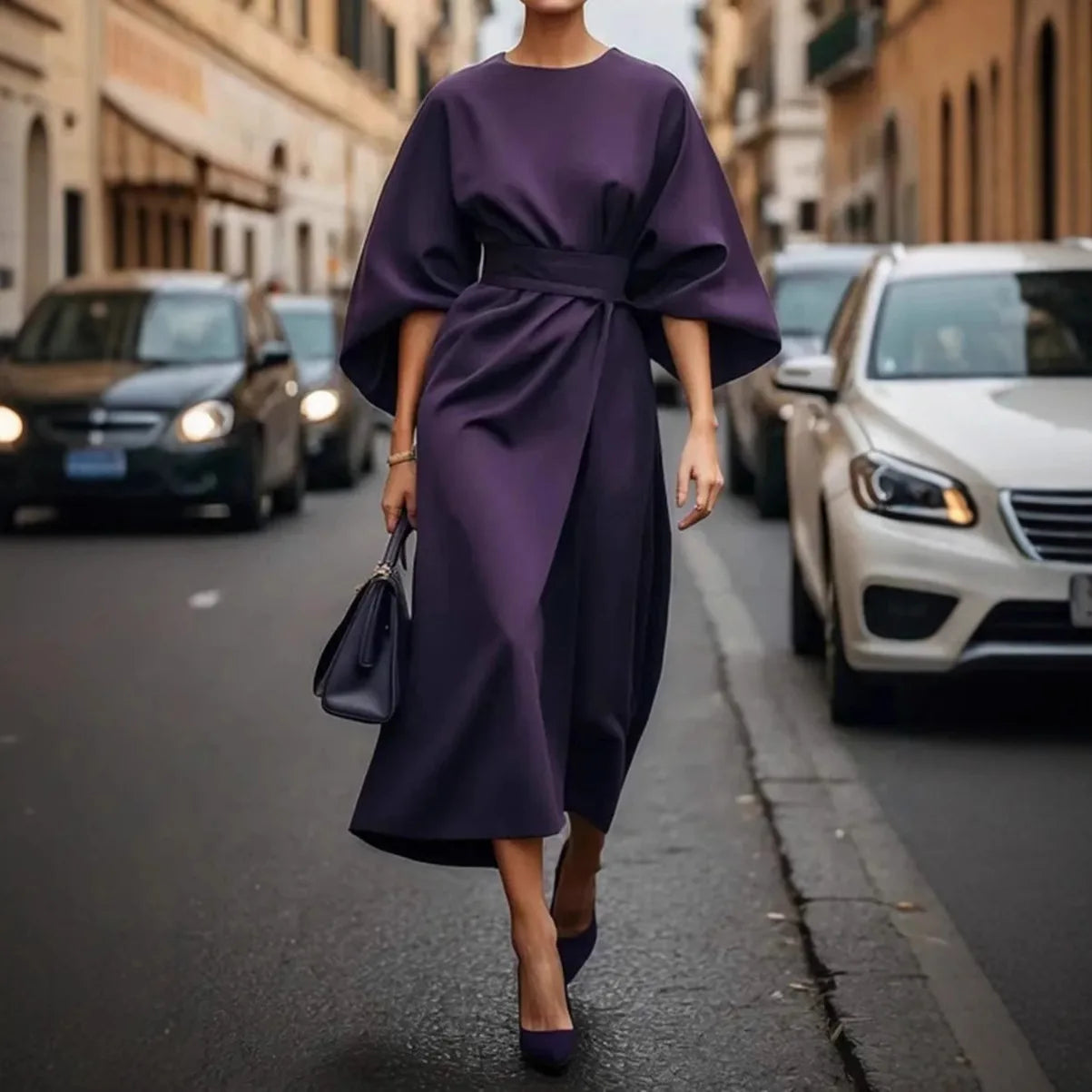 Cralom Solid Color Waist Cinched Batwing Sleeve Long Dress - 2025 Autumn