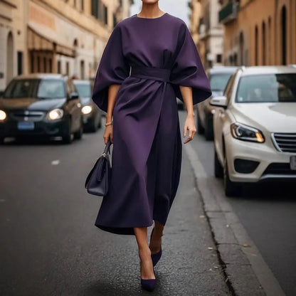 Cralom Solid Color Waist Cinched Batwing Sleeve Long Dress - 2025 Autumn