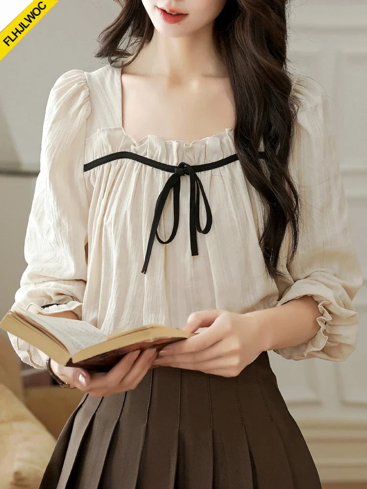 Cralom Square Neck Ruffles Doll Shirt with Bow Tie for Women