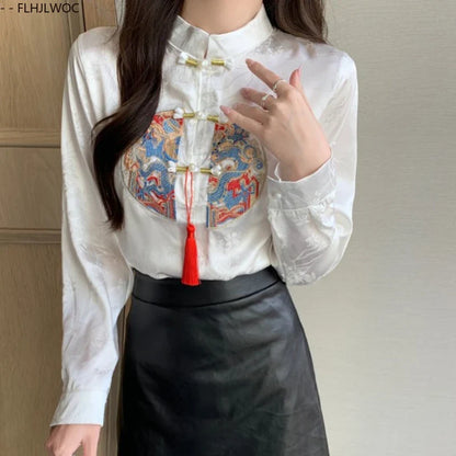 Cralom Stand Collar Bow Tie Embroidery Blouse - Chic Retro Vintage Button White Shirt