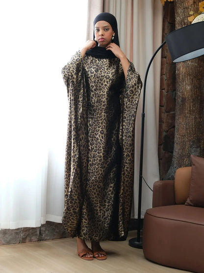 Leopard Print Satin Butterfly Abaya Maxi Dress by Cralom