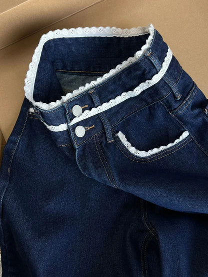 Cralom Vintage Blue Lace Spliced Straight Jeans Wide Leg Pants
