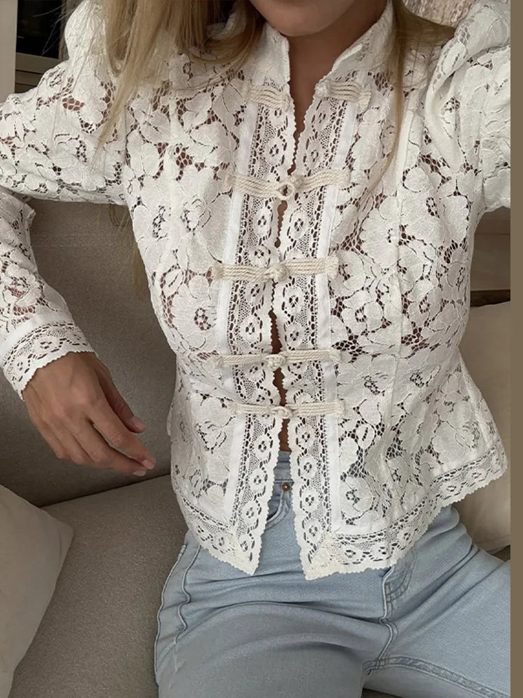 Cralom Lace Embroidery Blouse | See-Through Slim Fit Shirt | Vintage Y2K Top