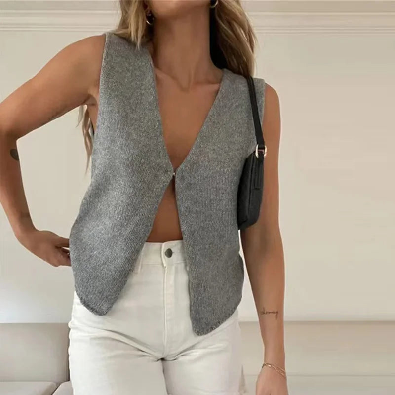 Cralom Sleeveless V-Neck Knit Vest: Button-up Chic Streetwear Knitwear