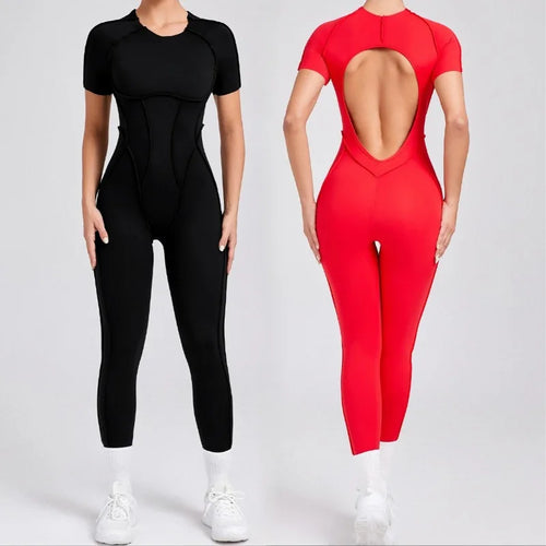 Cralom Seamless Backless Yoga Bodysuit - Short Sleeve Long Pants