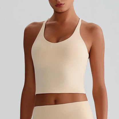 Cralom Nude Yoga Top with Detachable Chest Pads and Crossover Back