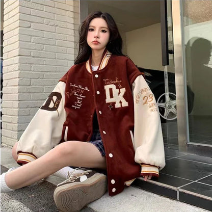 Cralom Flocking Hooded Jacket: Y2K Street Fashion Baseball Style Coat