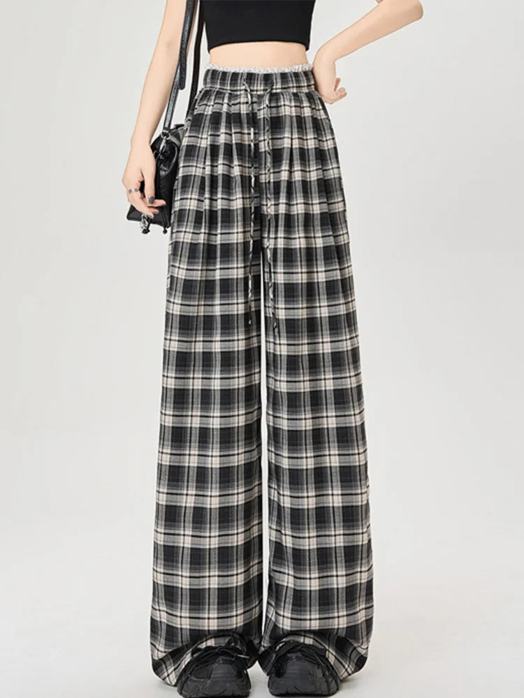 Cralom Plaid Lace Spliced Wide Leg Pants - Spring/Summer 2025 Collection