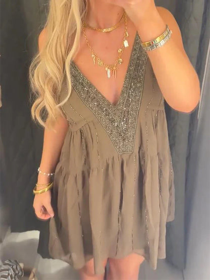 Cralom Sequin Embroidery Halter Vest Rhinestone Lace Up Sleeveless Top