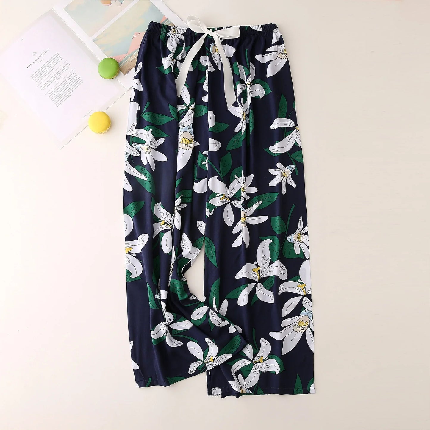 Cralom Floral Cotton Silk Pajama Pants Women's Loose Wide-leg Trousers