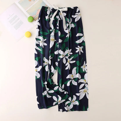 Cralom Floral Cotton Silk Pajama Pants Women's Loose Wide-leg Trousers
