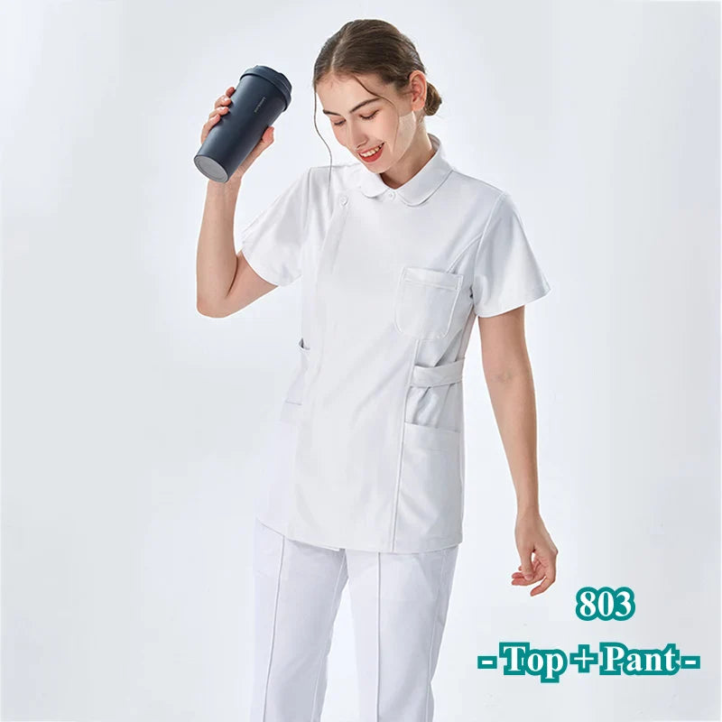 Cralom White Nurse Scrub Set Top and Pant - Hospital Workwear Suit
