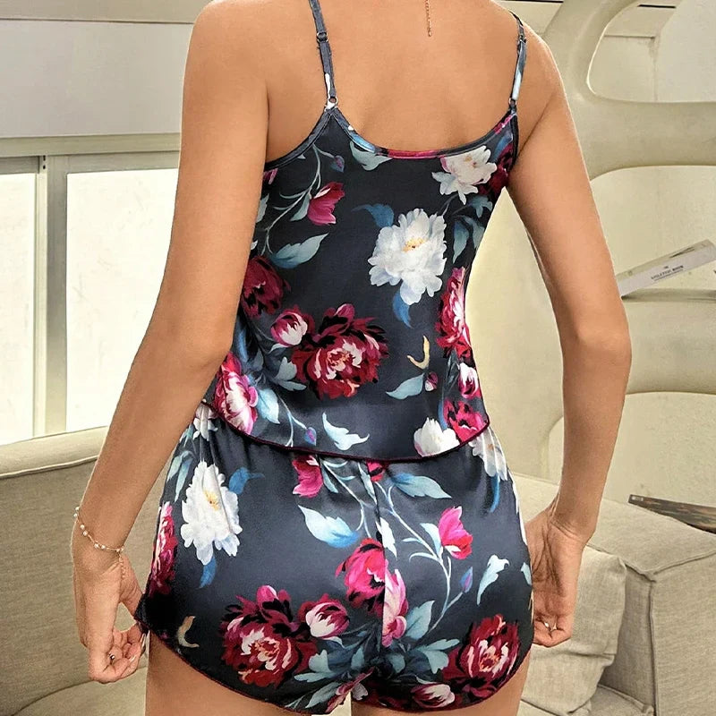 Cralom Floral Print Satin Pajama Set: V-Neck Cami & Shorts Loungewear