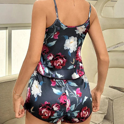 Cralom Floral Print Satin Pajama Set: V-Neck Cami & Shorts Loungewear