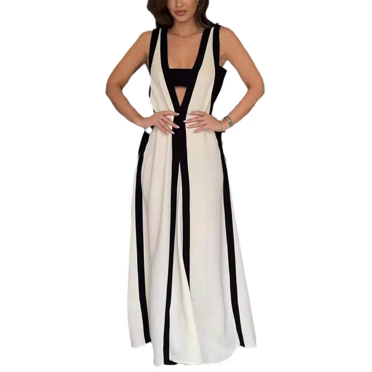 Cralom Sleeveless Summer Dress with Color Block Splicing