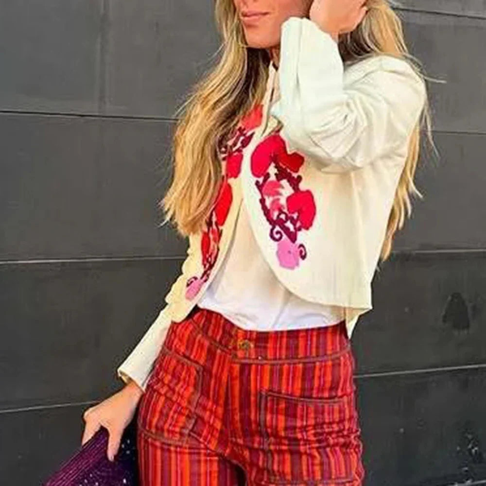 Cralom Embroidery Short Jackets O Neck Long Sleeve Coats Female