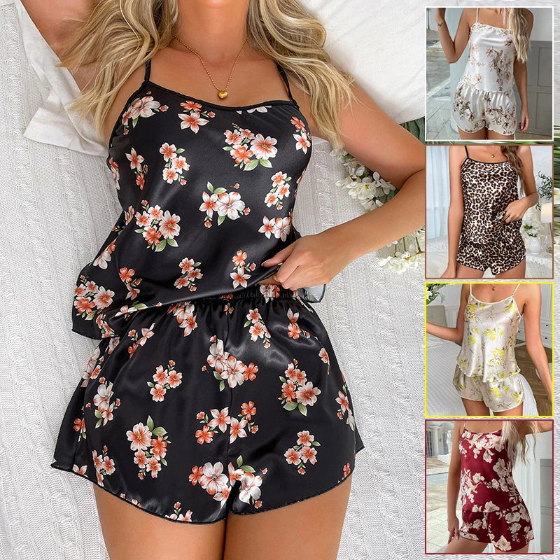 Cralom Women's Printed Silk Pajama Set
