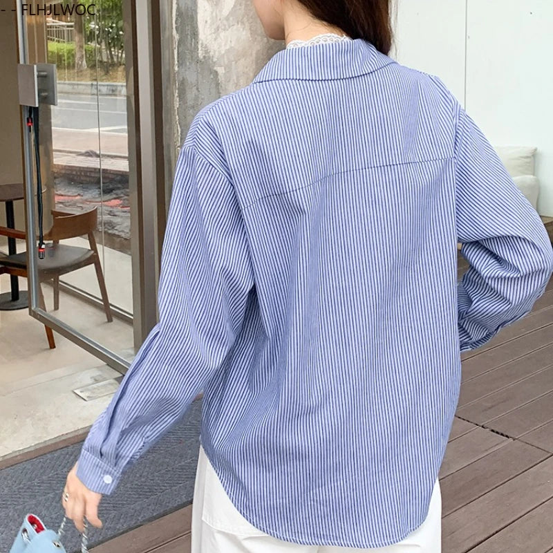 Cralom Retro Blue Striped Shirt: Women's Preppy Button-Down Office Top