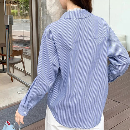 Cralom Retro Blue Striped Shirt: Women's Preppy Button-Down Office Top