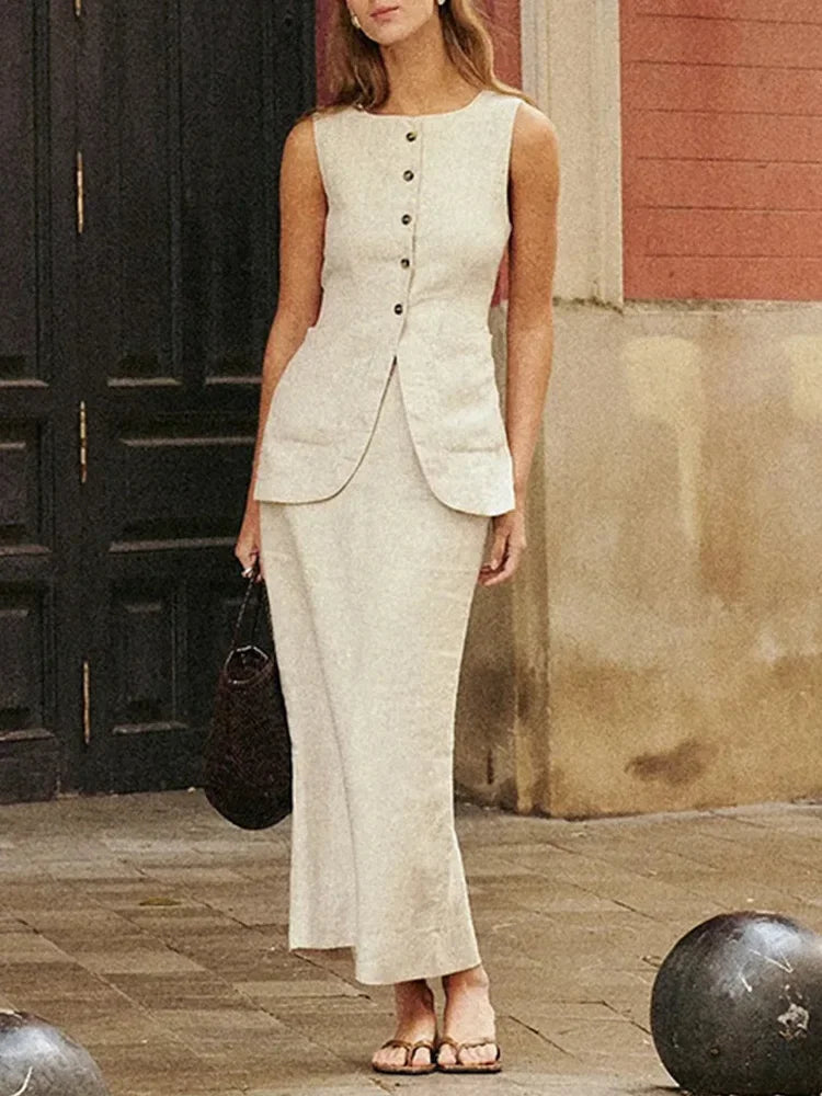 Cralom Sleeveless Vest & High Waisted Skirt Set for Office Ladies