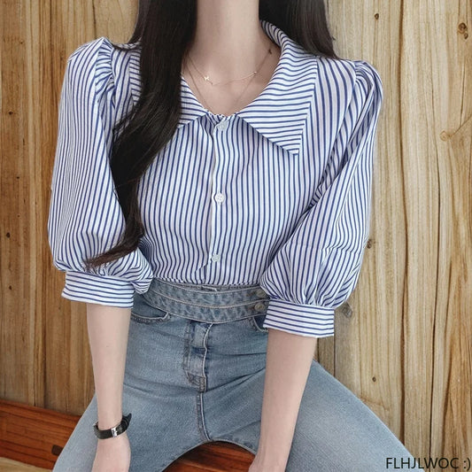 Cralom Striped Half Sleeve Button Shirt for Women - Preppy Chic Fashion