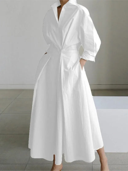 Cralom White Dot Print Maxi Dress - Elegant V Neck Autumn Long Sleeve Party Robe