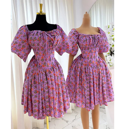 Cralom Printed Lace Up Lantern Sleeves A-line Dress - 2025 Spring Collection