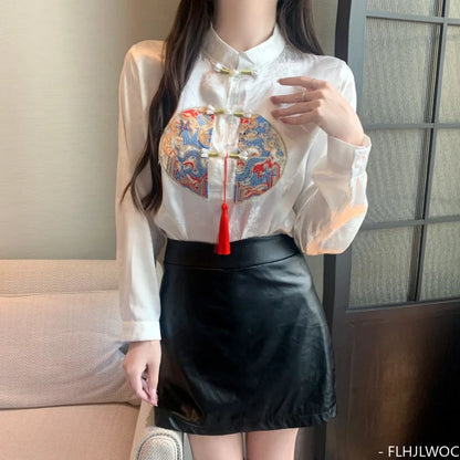 Cralom Stand Collar Bow Tie Embroidery Blouse - Chic Retro Vintage Button White Shirt