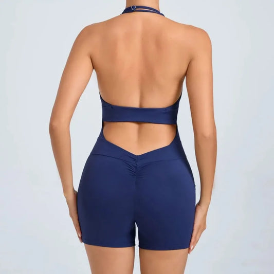 Cralom Yoga Jumpsuit Halter Pockets Open Back Workout Gym Shorts Tracksuit