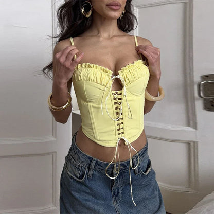 Cralom Bandage Hollow Out Short Tank Top - 2025 Summer Street Print Corset Top