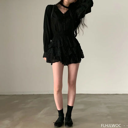 Cralom Classic Black Bow Tie Blouse Elegant Office Style Ruffled Long Sleeve Top
