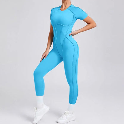 Cralom Seamless Backless Yoga Bodysuit - Short Sleeve Long Pants