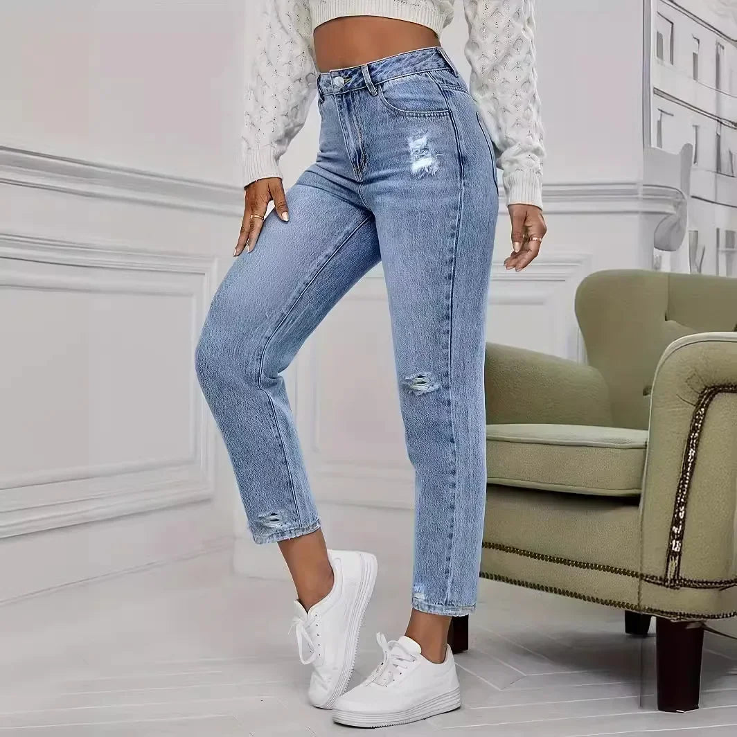 Cralom High Waist Distressed Blue Jeans Women's Streetwear Slim Fit Pencil Pants