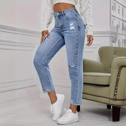 Cralom High Waist Distressed Blue Jeans Women's Streetwear Slim Fit Pencil Pants
