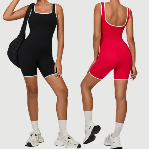 Cralom Color Block Yoga Jumpsuit: Wide Collar Backless Bodysuit for Active Women