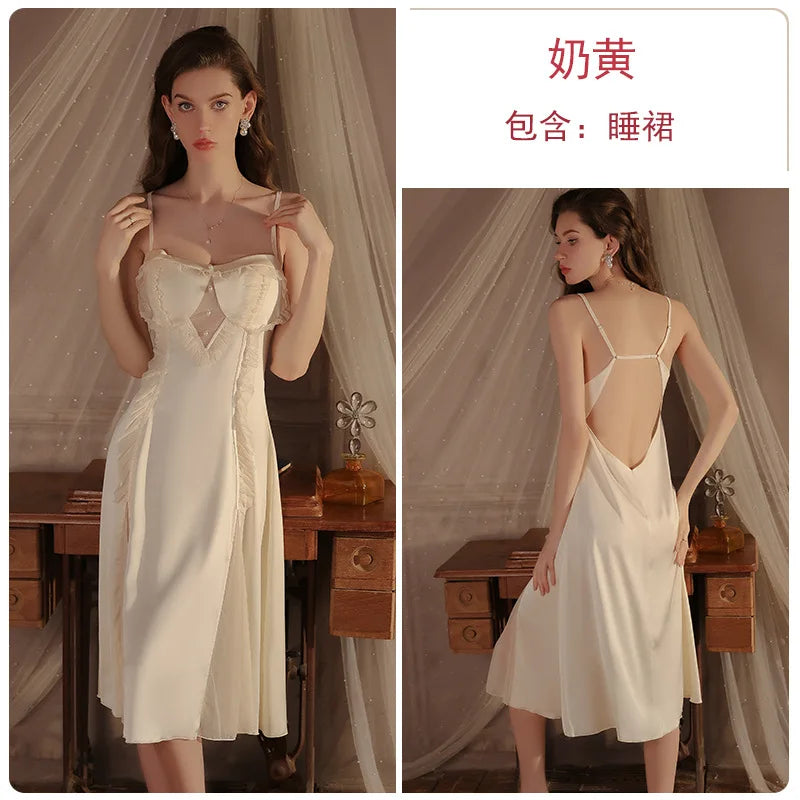Cralom Silk Suspender Nightgown with Chest Pad, Elegant Nightwear for Women