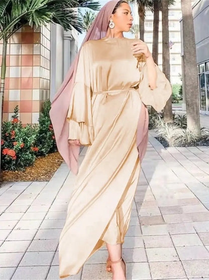 Cralom Luxury Satin Muslim Kaftan Abaya Dubai Caftan Robe Femme