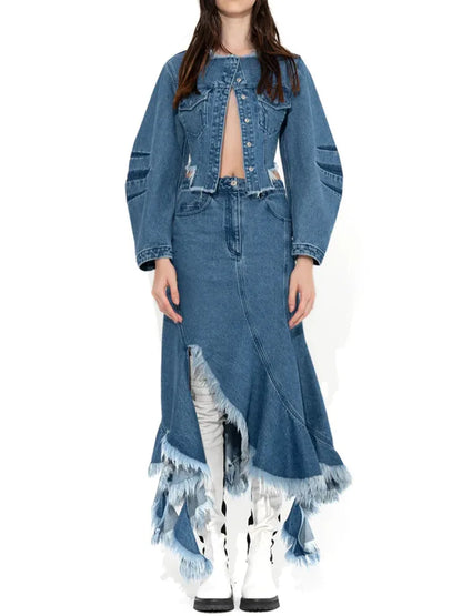 Cralom Rawhem Denim Coat - Round Neck Long Sleeve Slimming Jacket for Women