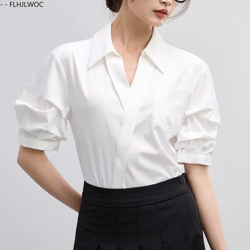 Cralom Women's V-Neck White Shirt - Summer Work Blouse with French Design