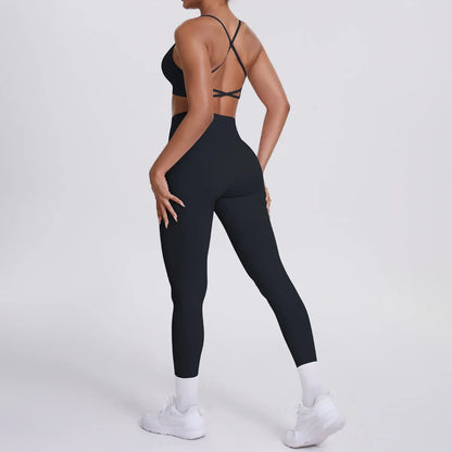 Cralom Seamless Yoga Set: Cross Back Sports Bra & High Waist Booty Lifting Leggings