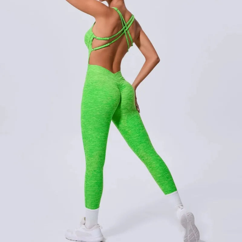 Cralom Seamless Yoga Jumpsuit for Women - Peach Hip Raise Beauty Back Dance Suit
